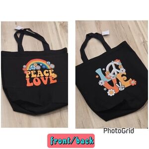 Black 'Peace Love' Graphic Canvas Tote Bag